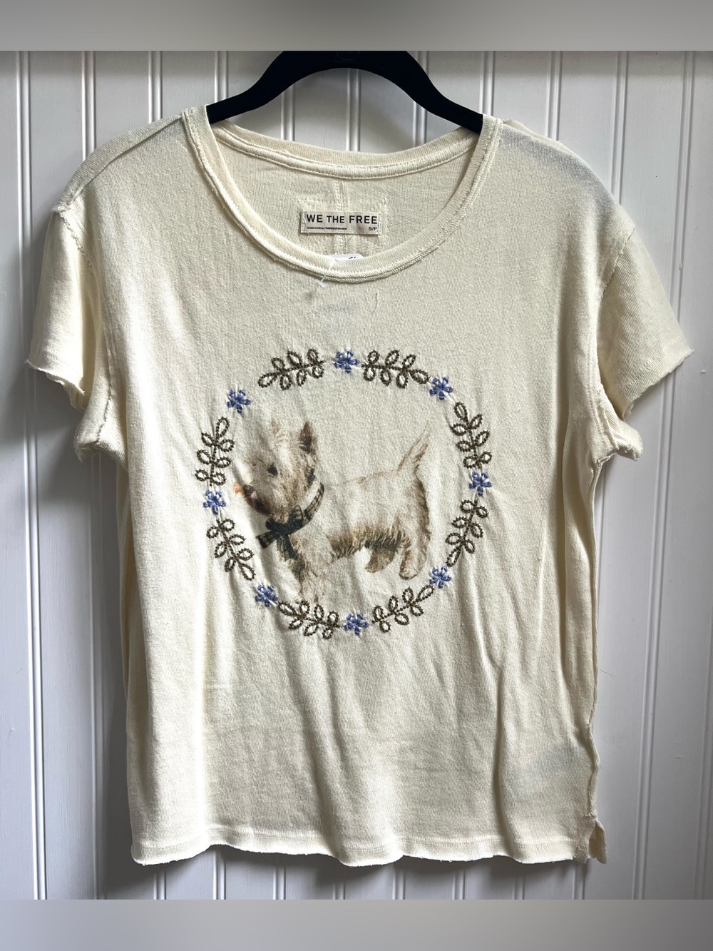 FREE PEOPLE We The Free Embroidered Fur Friend Tee in Westie Ivory Sz Small NWT - Picture 2 of 8